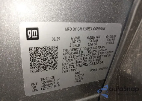 2025 Chevrolet Trax Fwd Lt из США, поврежденный, VIN KL77LHEP8SC211214